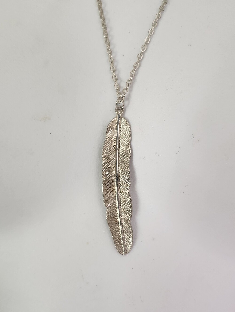 Silver Textured Feather Pendant Necklace - 23 - 25 Inches